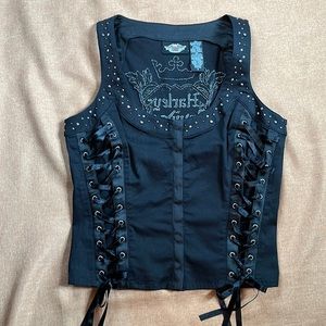 Harley Davidson Lace-Up Bustier Vest Rhinestone Sexy Bling Snap Front Scoop Neck